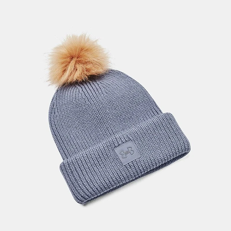 Under Armour Women's ColdGear® Infrared Halftime Ribbed Pom Beanie Aurora Purple / Metallic Tin 1 Under Armour Women's ColdGear® Infrared Halftime Ribbed Pom Beanie Aurora Purple / Metallic Tin