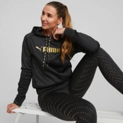 Puma Women's Power Fleece Training Hoodie Black / Metallic Gold -underwear Zone 522184 51 mod01