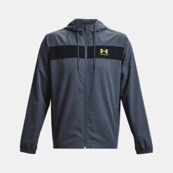 Under Armour Men's UA Sportstyle Windbreaker Jacket Downpour Grey / Black / Lime Surge -underwear Zone ps1361621 044 hf
