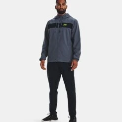 Under Armour Men's UA Sportstyle Windbreaker Jacket Downpour Grey / Black / Lime Surge -underwear Zone v5 1361621 044 fsf